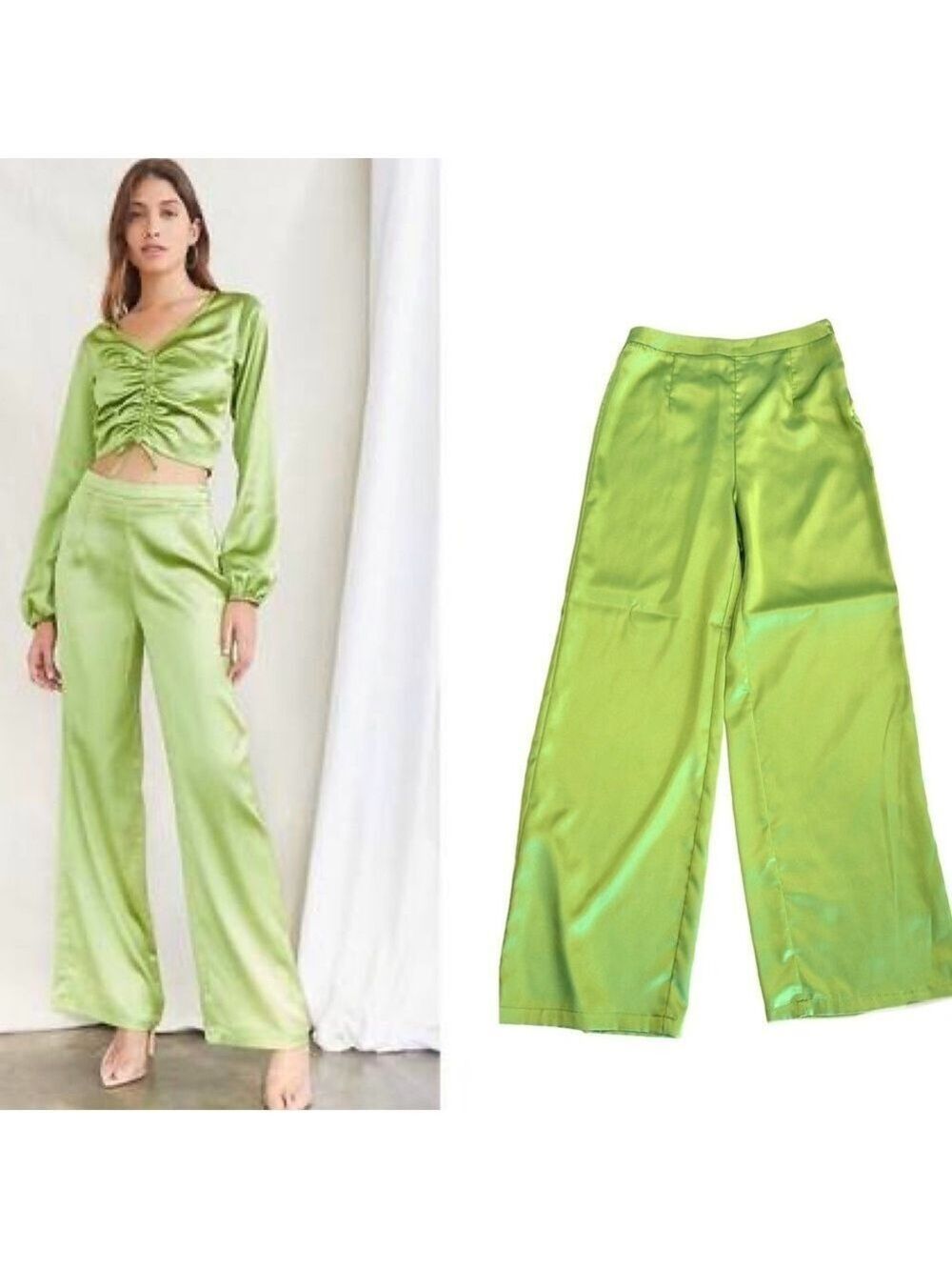 Forever 21 green satin high waisted wide leg pants Sz M side zipper NWOT